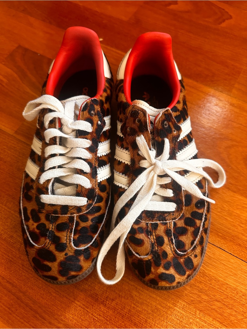 adidas Leopard Print Sneakers with White Stripes and Red Lining